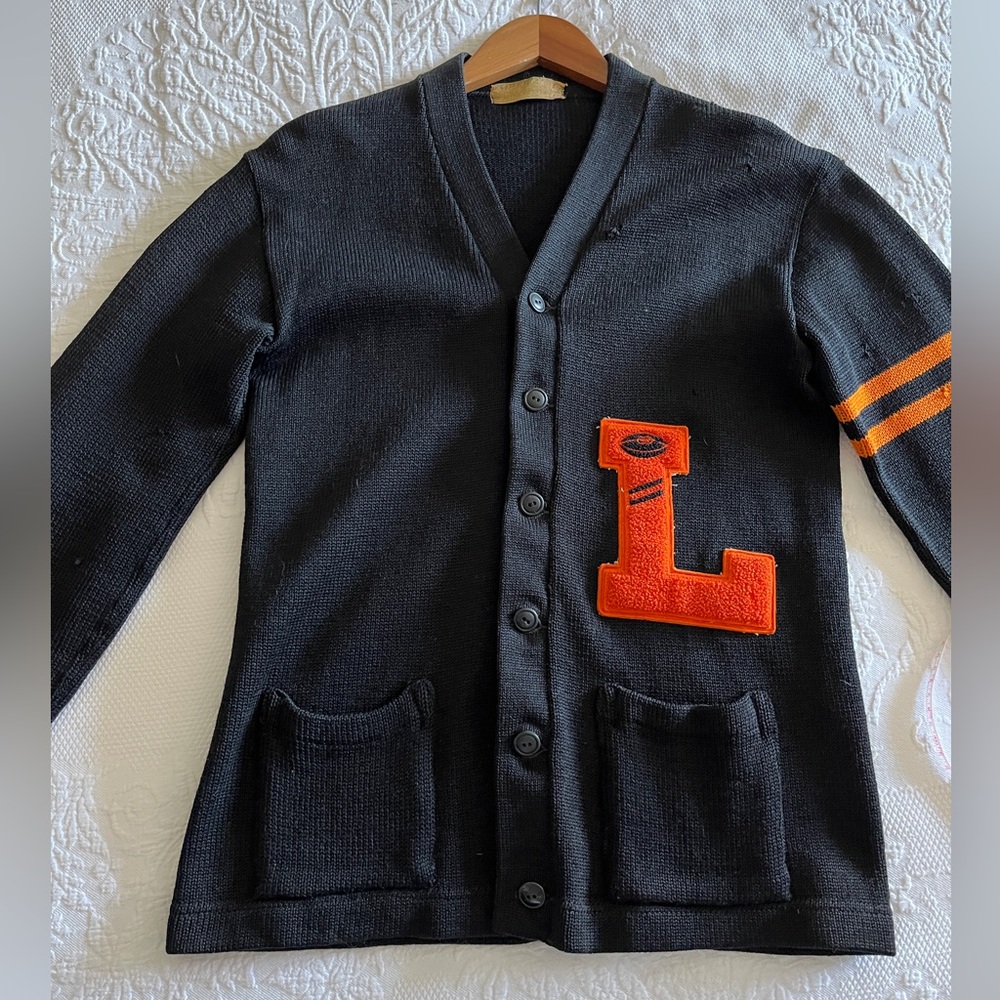 Vintage 50s Varsity Letterman Cardigan Wool Sweater Black Orange Mens Medium
